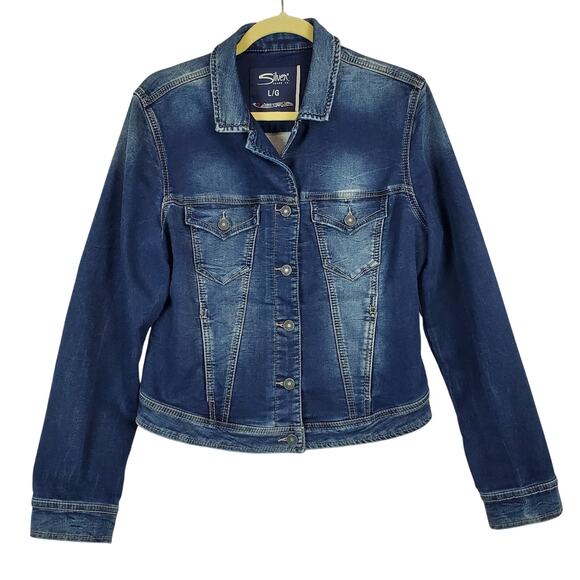 Silver Jackets & Blazers - Silver jeans Women Denim Jacket L Blue Fade Country Western Denim Coat Y2K Retro